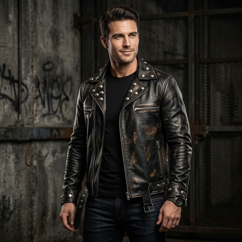Sowachi Men's Black Studded Biker Leather Jacket