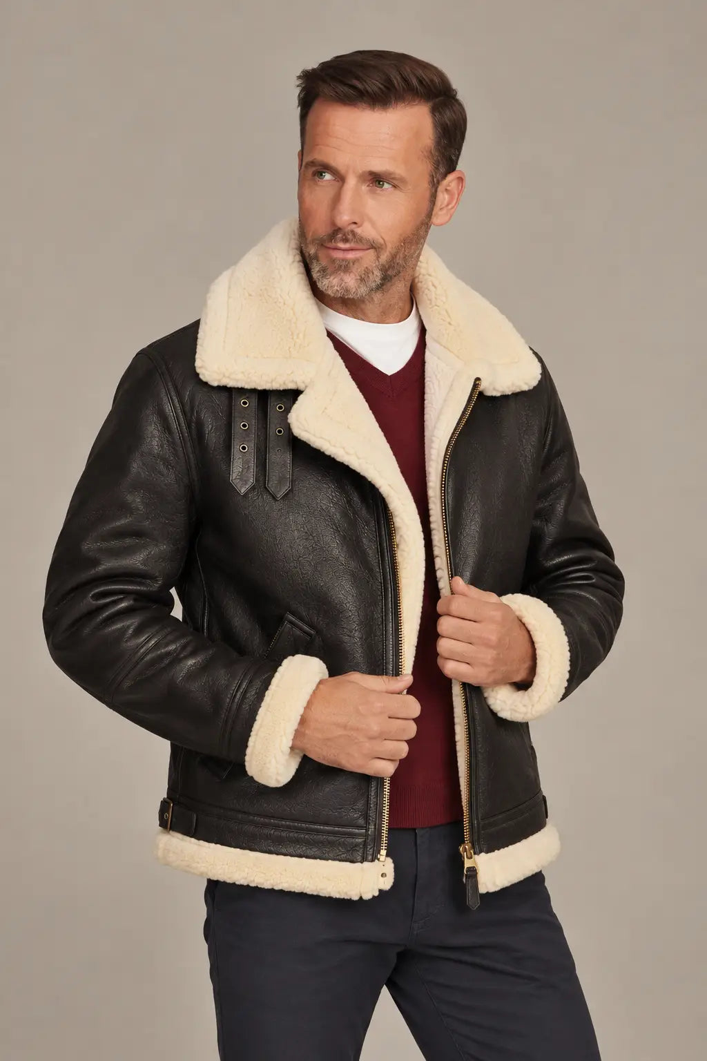 Sowachi Men's Black Aviator B3 Bomber Leather Jacket