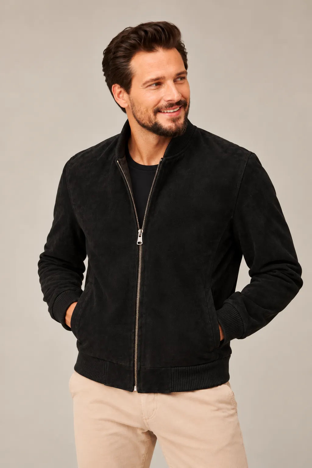 Sowachi Men's Premium Real Suede Black Leather Bomber Jacket