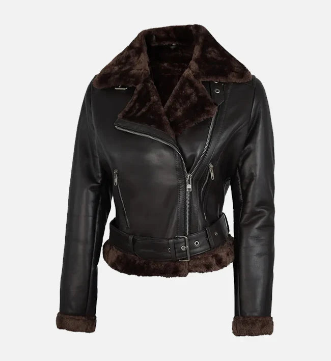 Women's Biker Style Black Shearling Leather Jacket