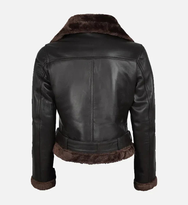 Women's Biker Style Black Shearling Leather Jacket