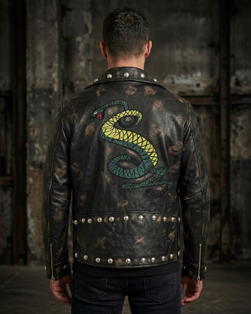 Sowachi Men's Black Studded Biker Leather Jacket