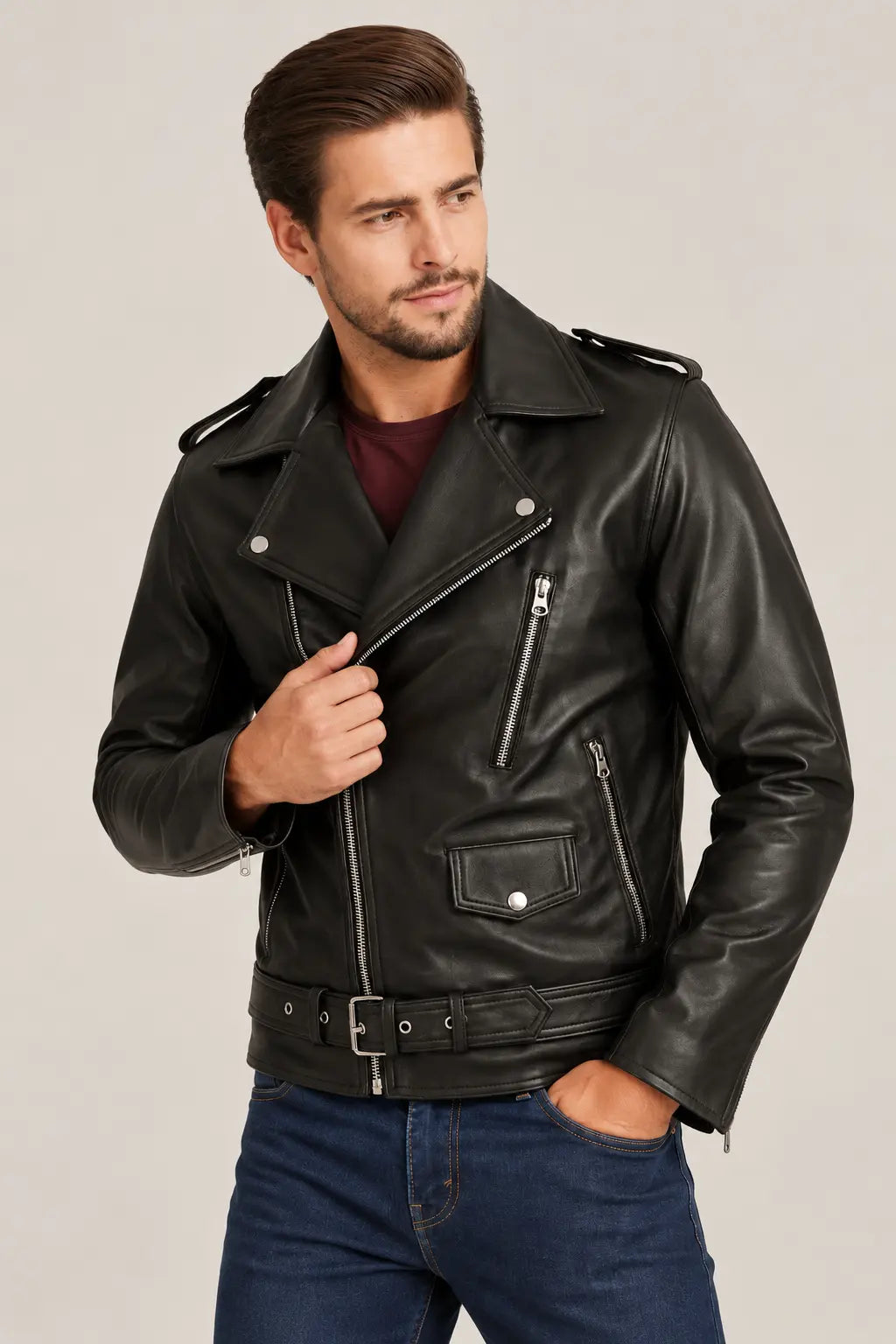Sowachi Men's Black Asymmetrical Belted Biker Leather Jacket