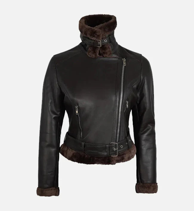 Women's Biker Style Black Shearling Leather Jacket