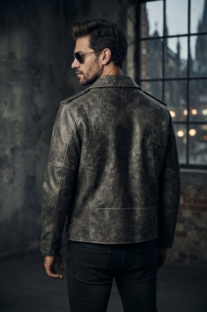 Sowachi Men's Gray Leather Biker Jacket