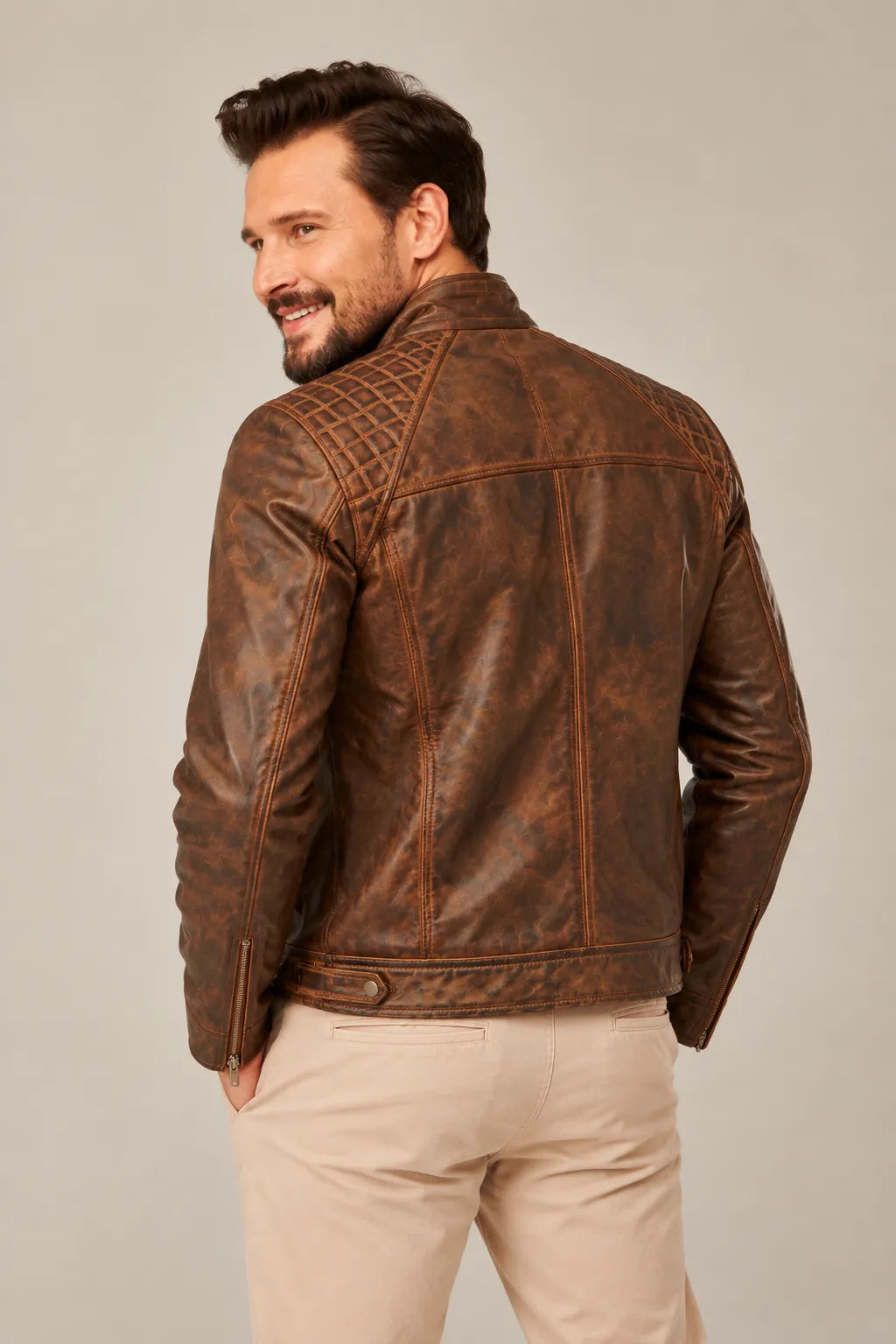 Sowachi Alex - Men Distressed Brown Cafe Racer Leather Jacket