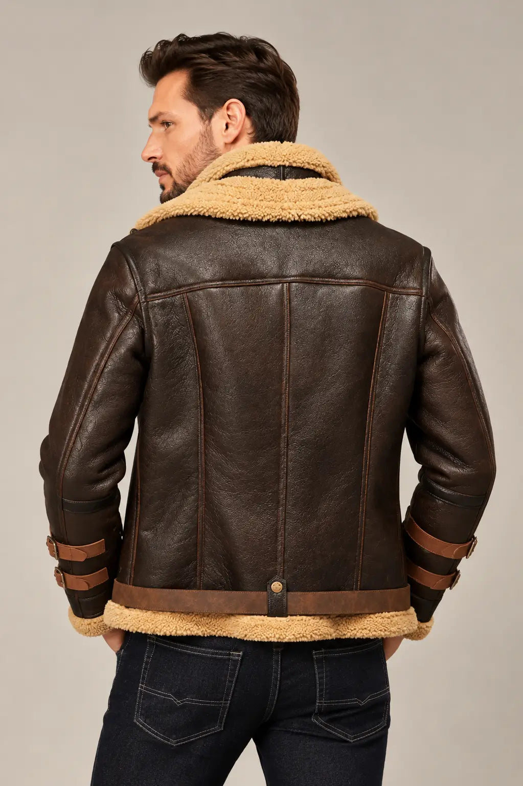 Sowachi Men's B3 Bomber Flight Sheepskin Aviator Shearling Leather Jacket