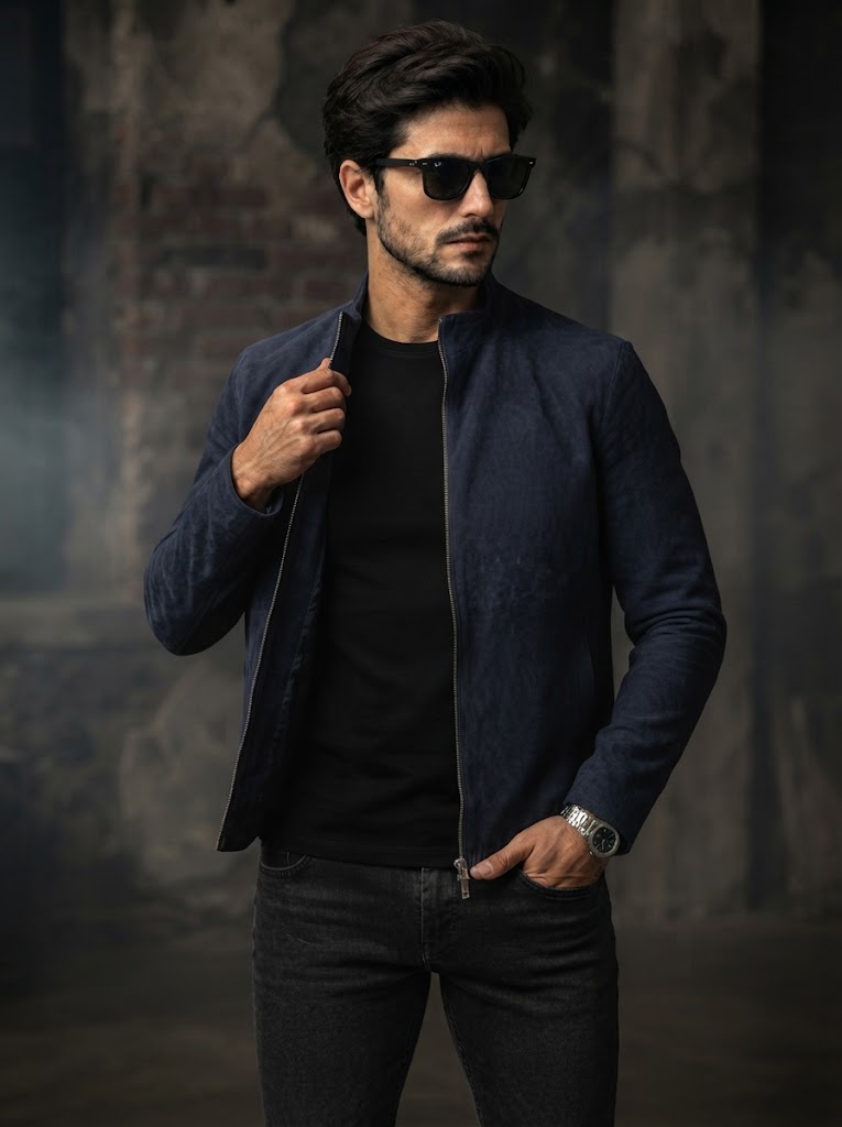 Sowachi Men’s Charcoal Navy Blue Suede Biker Jacket