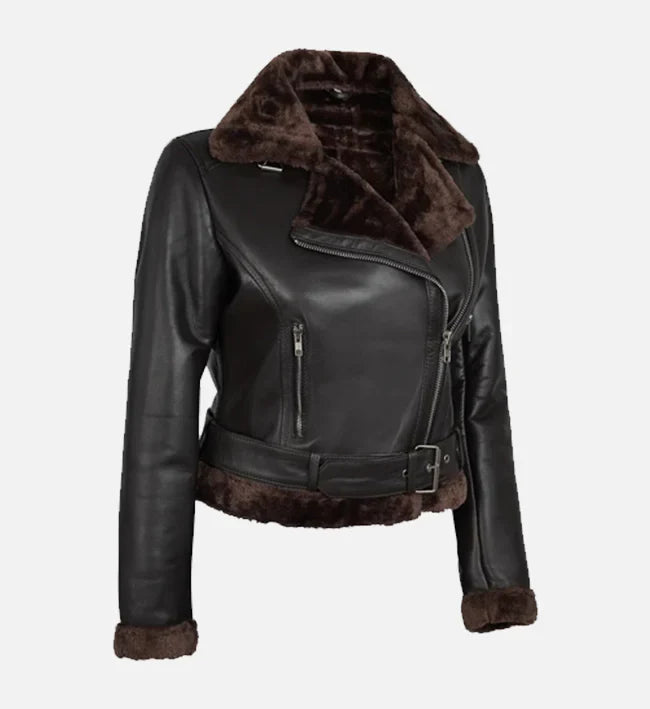 Women's Biker Style Black Shearling Leather Jacket