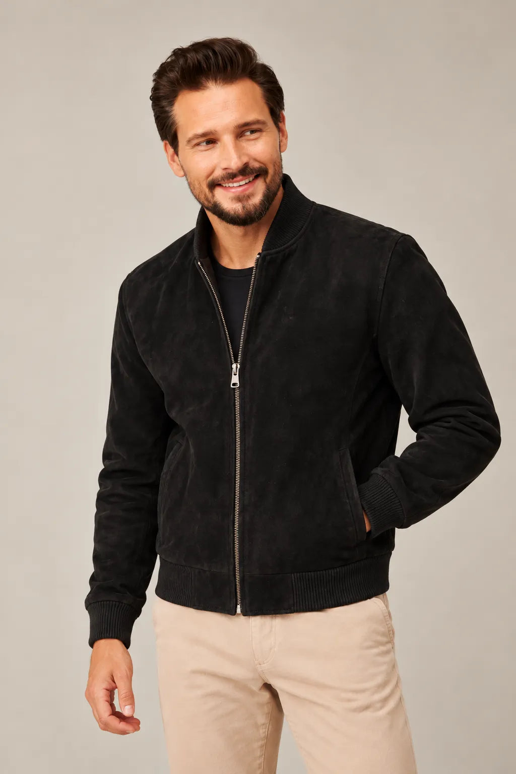 Sowachi Men's Premium Real Suede Black Leather Bomber Jacket