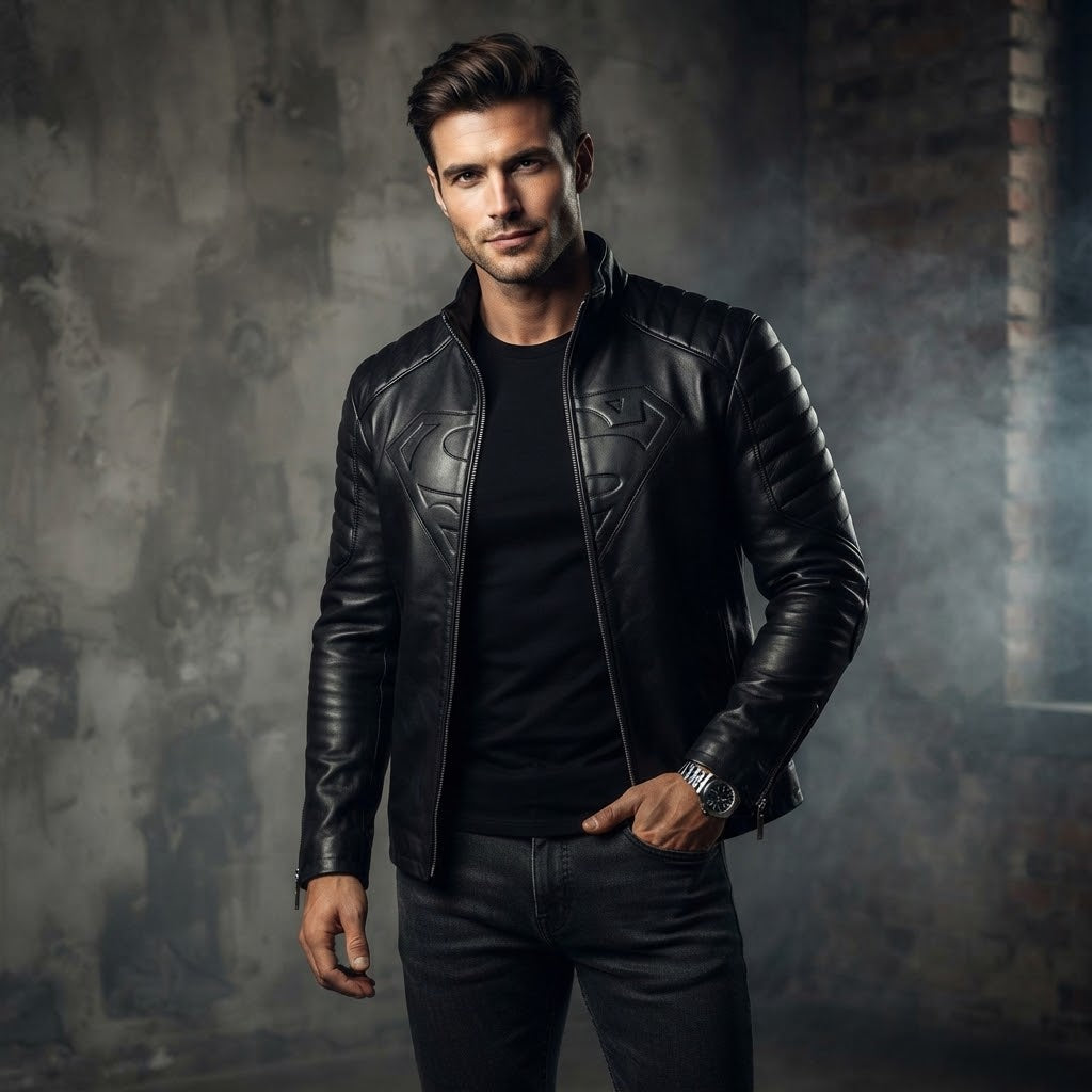 Sowachi Superman Black Leather Biker Jacket For Men