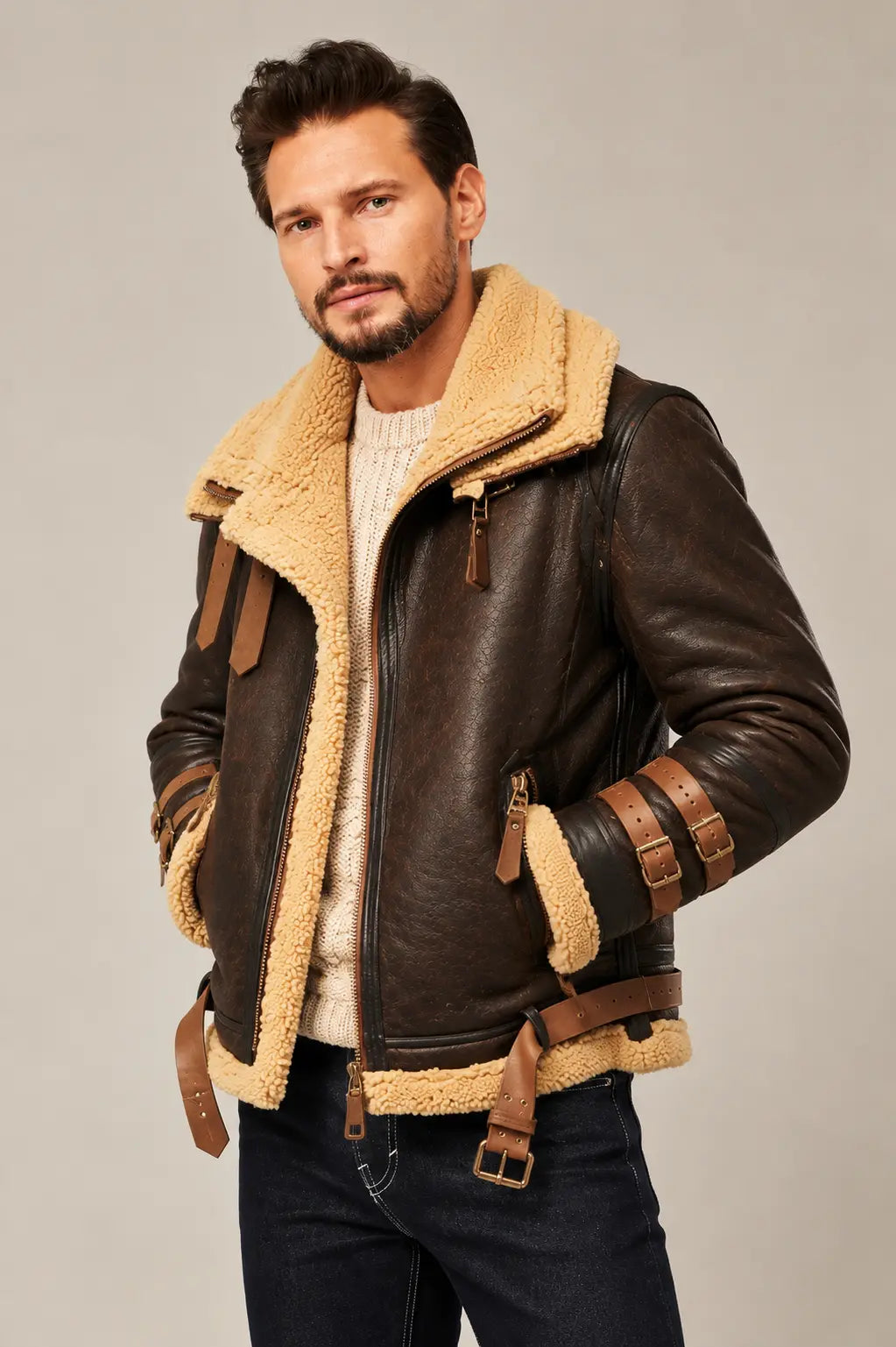 Sowachi Men's B3 Bomber Flight Sheepskin Aviator Shearling Leather Jacket