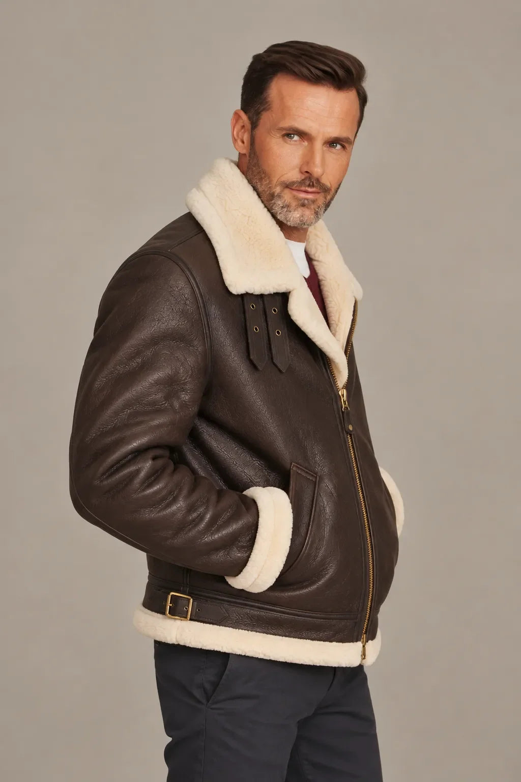 Sowachi Men's Brown Aviator B3 Bomber Leather Jacket
