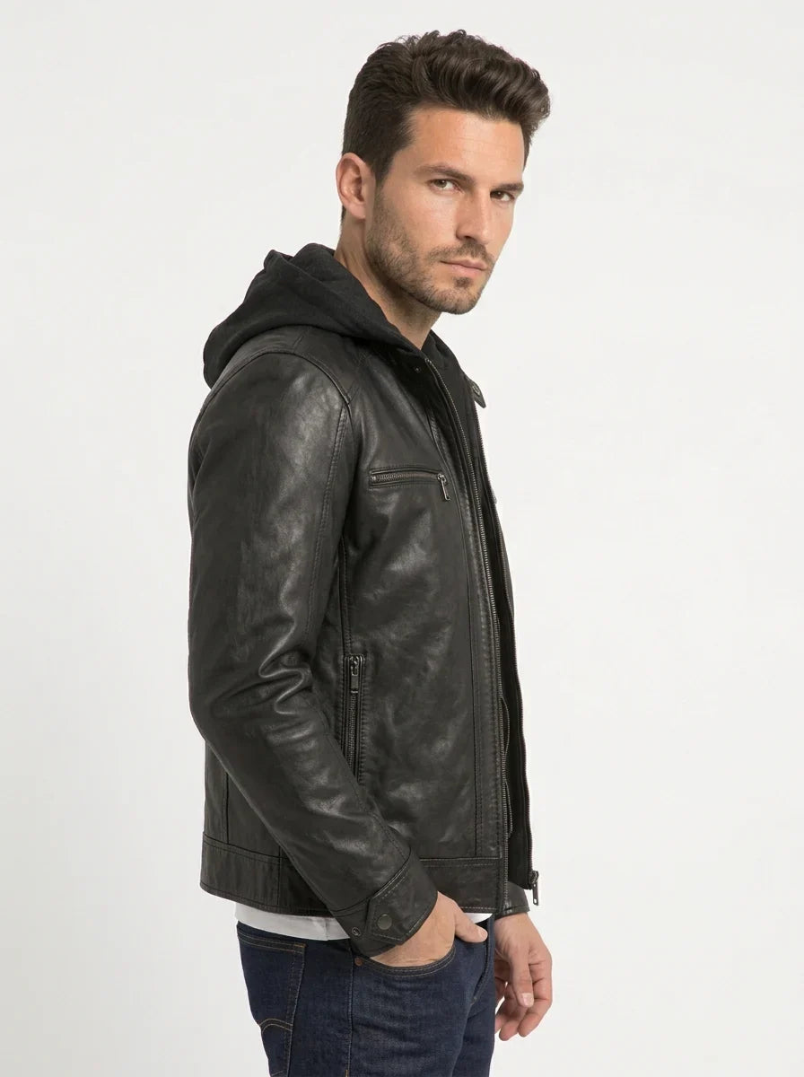 Sowachi Men's Black Hooded Leather Jacket with Detachable Hood