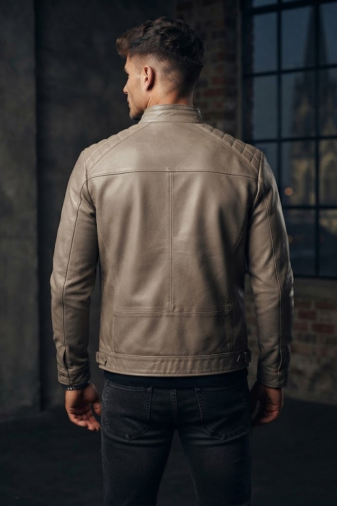 Sowachi Men's Beige Real Leather Biker Style Jacket