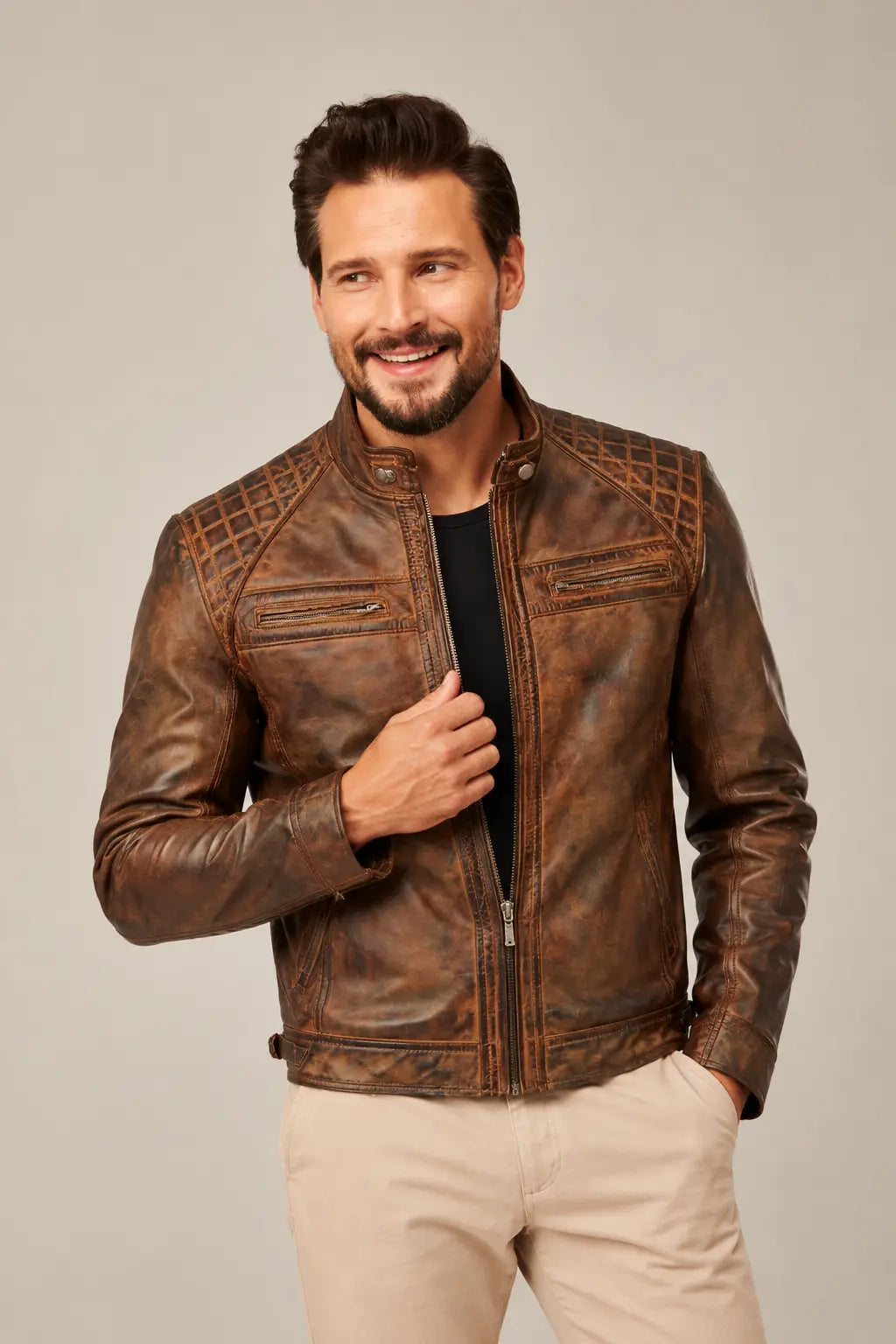 Sowachi Alex - Men Distressed Brown Cafe Racer Leather Jacket