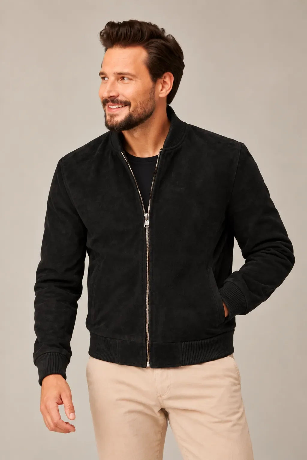Sowachi Men's Premium Real Suede Black Leather Bomber Jacket