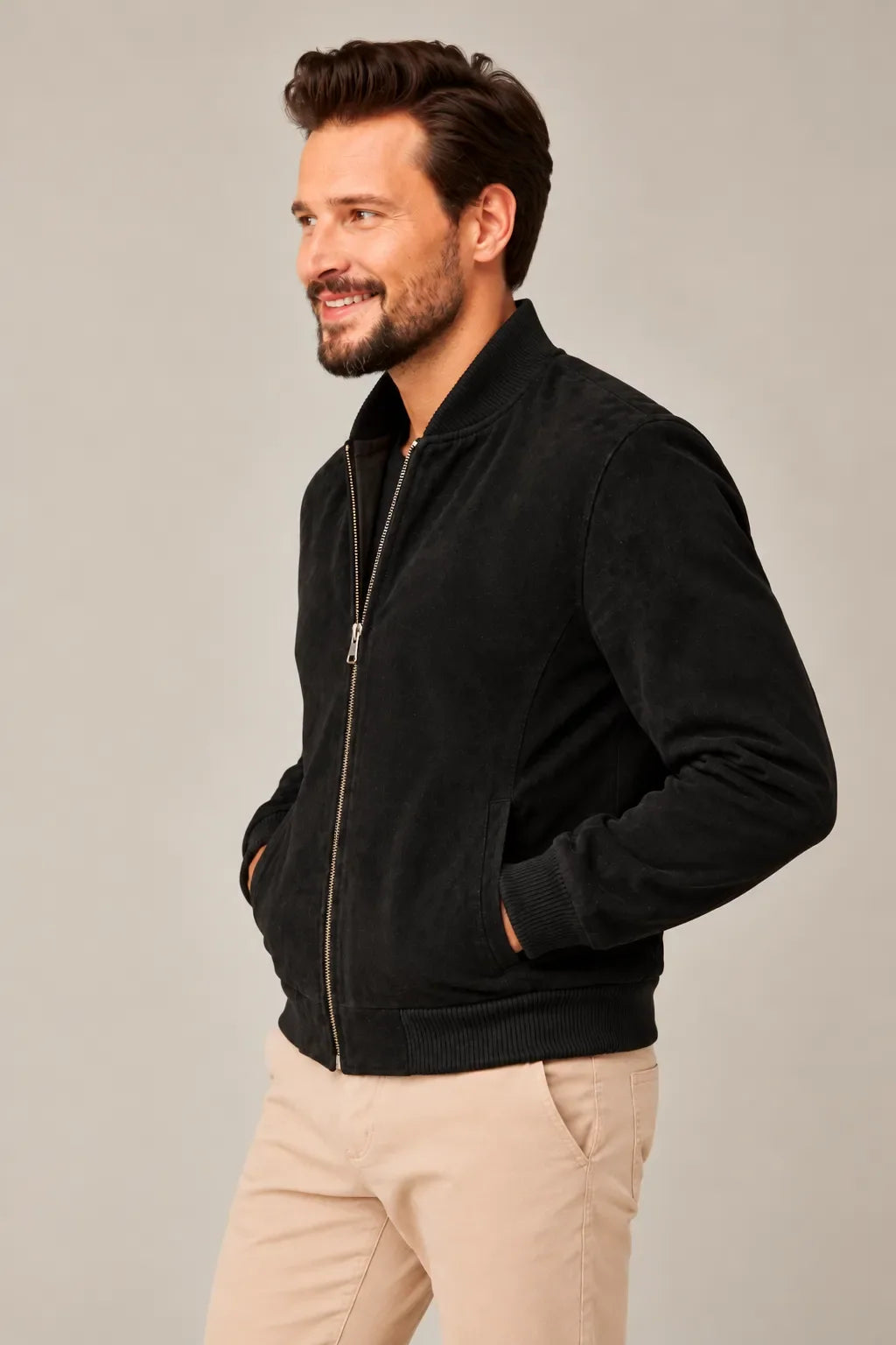 Sowachi Men's Premium Real Suede Black Leather Bomber Jacket