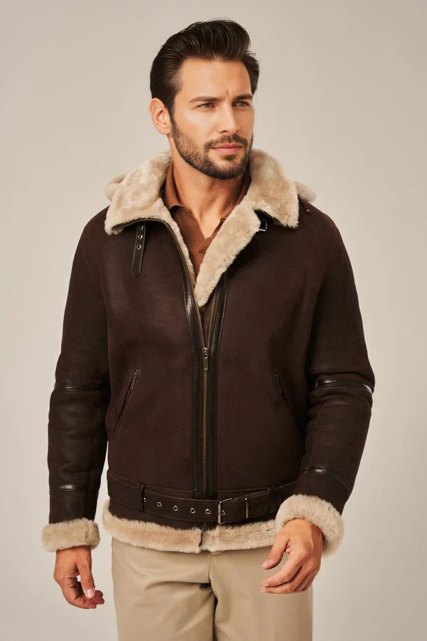 Sowachi Men's Brown Leather Shearling Jacket with Hood