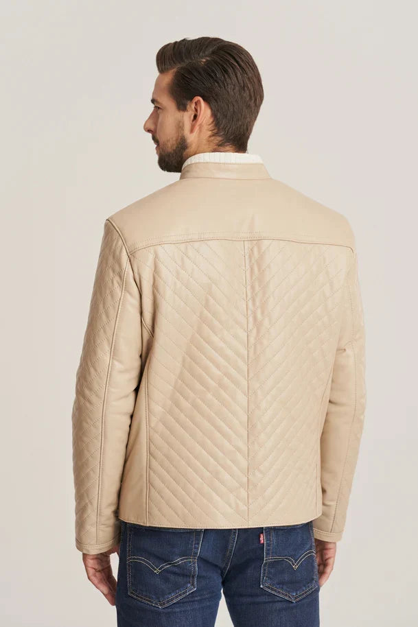 Sowachi Men's Beige Sheepskin Quilted Leather Jacket