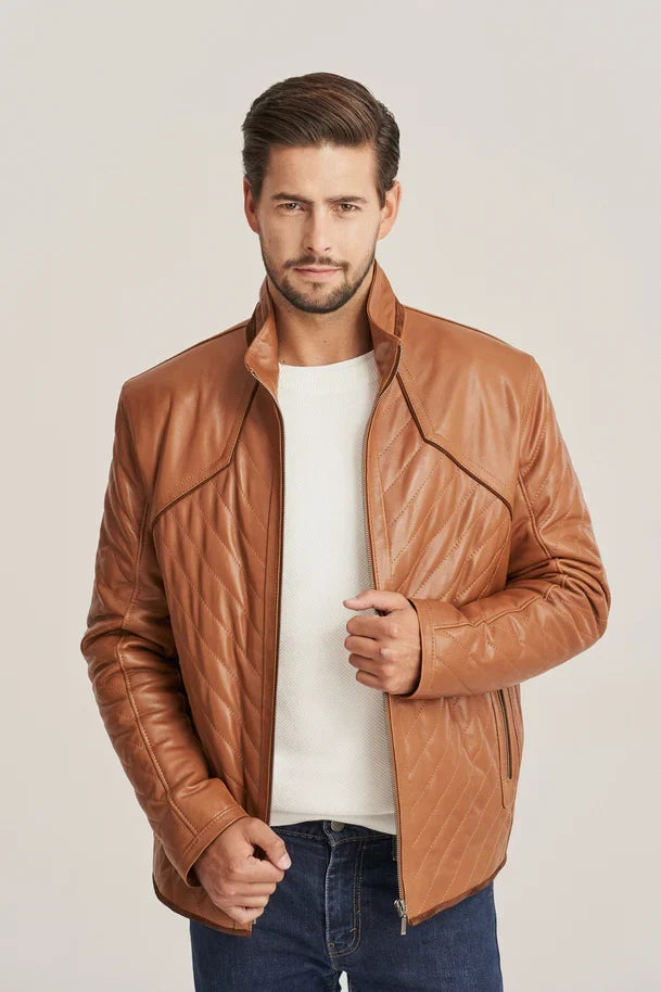 Sowachi Men's Brown Sheepskin Quilted Leather Jacket