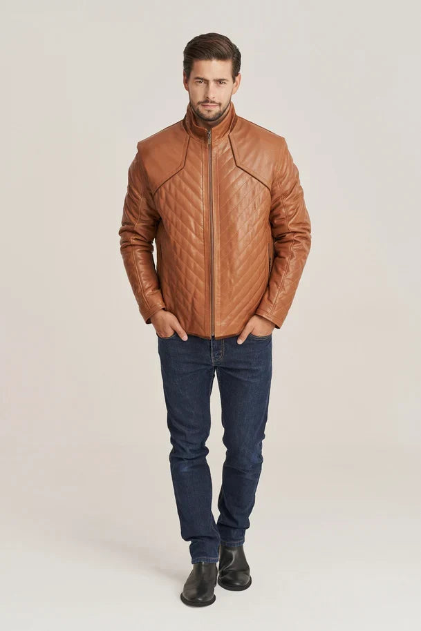 Sowachi Men's Brown Sheepskin Quilted Leather Jacket
