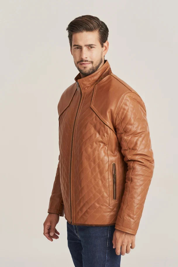 Sowachi Men's Brown Sheepskin Quilted Leather Jacket