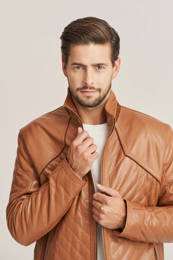 Sowachi Men's Brown Sheepskin Quilted Leather Jacket