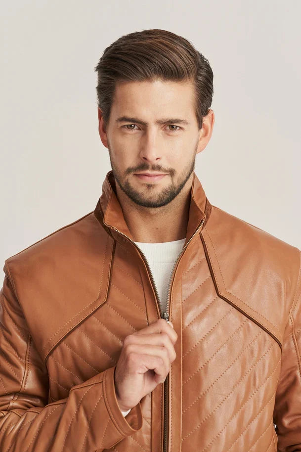 Sowachi Men's Brown Sheepskin Quilted Leather Jacket