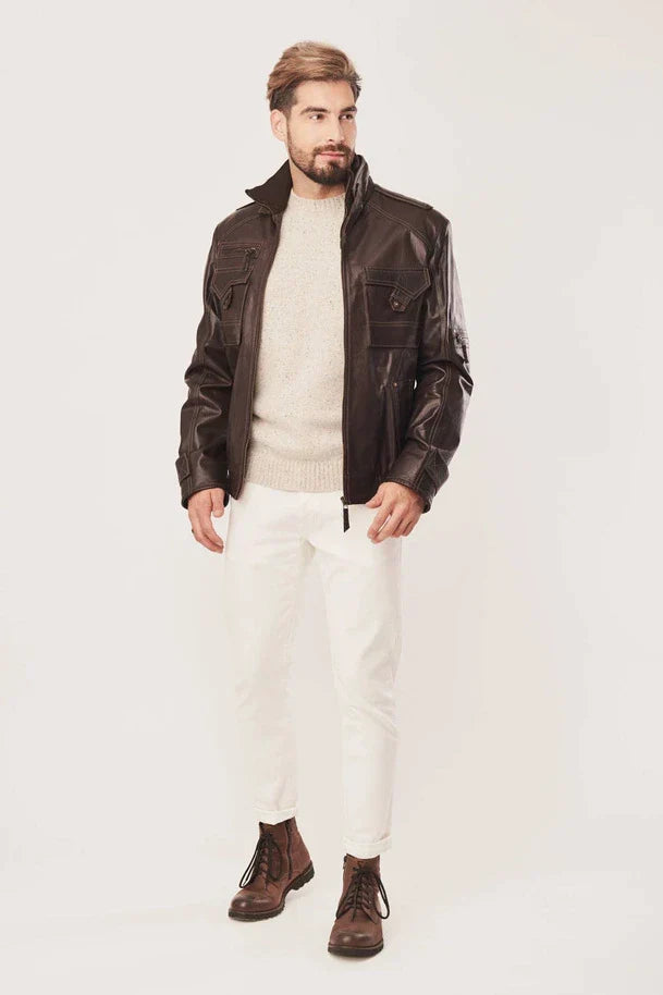 Sowachi Men's Brown Bomber Leather Jacket
