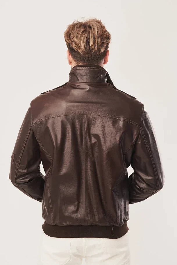 Sowachi Men's Brown Bomber Leather Jacket