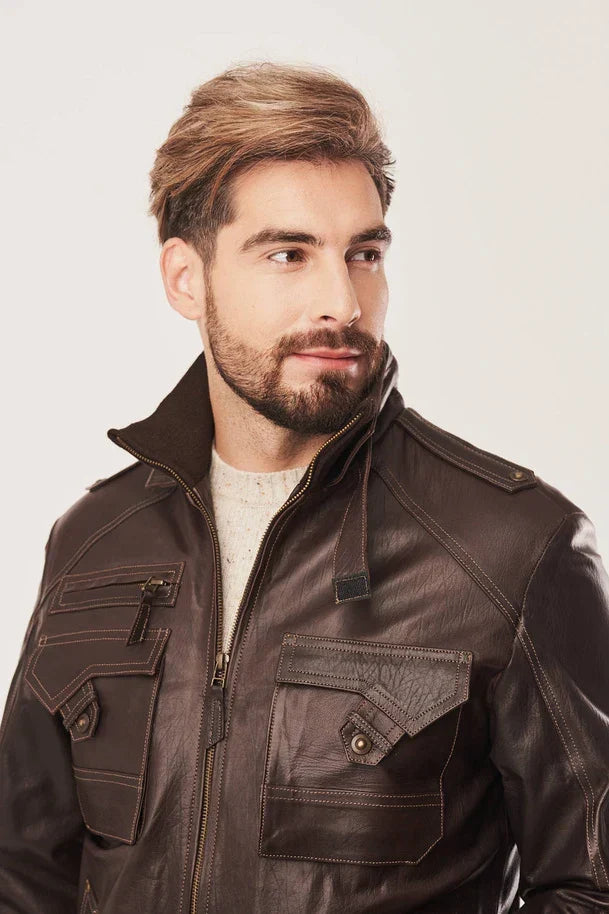 Sowachi Men's Brown Bomber Leather Jacket