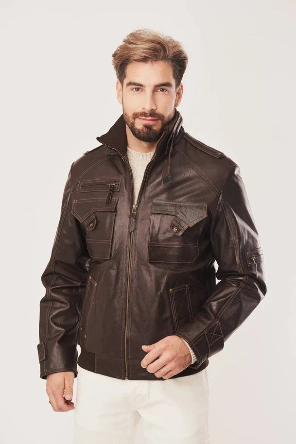 Sowachi Men's Brown Bomber Leather Jacket