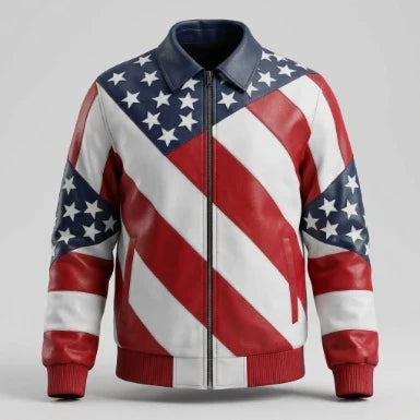 Sowachi American Flag Color Shirt Style Leather Jacket For Men
