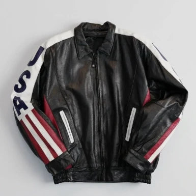 Sowachi American Flag Sheepskin Leather Bomber Jacket For Men