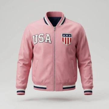 Sowachi American Flag Sheepskin Leather Pink Bomber Jacket