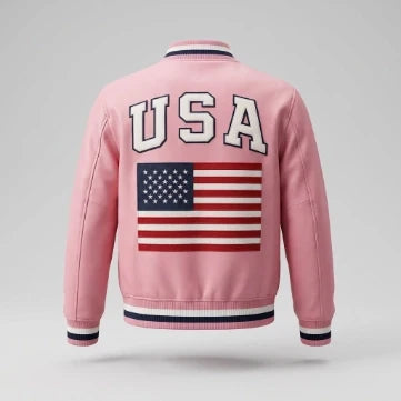 Sowachi American Flag Sheepskin Leather Pink Bomber Jacket