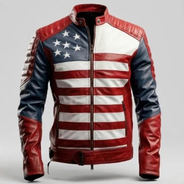 Sowachi American Flag Style Sheepskin Leather Jacket For Men