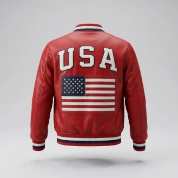 Sowachi American Flag Sheepskin Leather Bomber Jacket