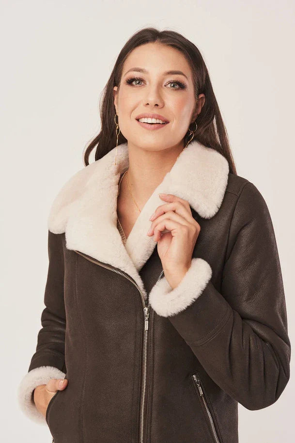 Sowachi Women's Sheepskin Brown Leather Shearling Jacket