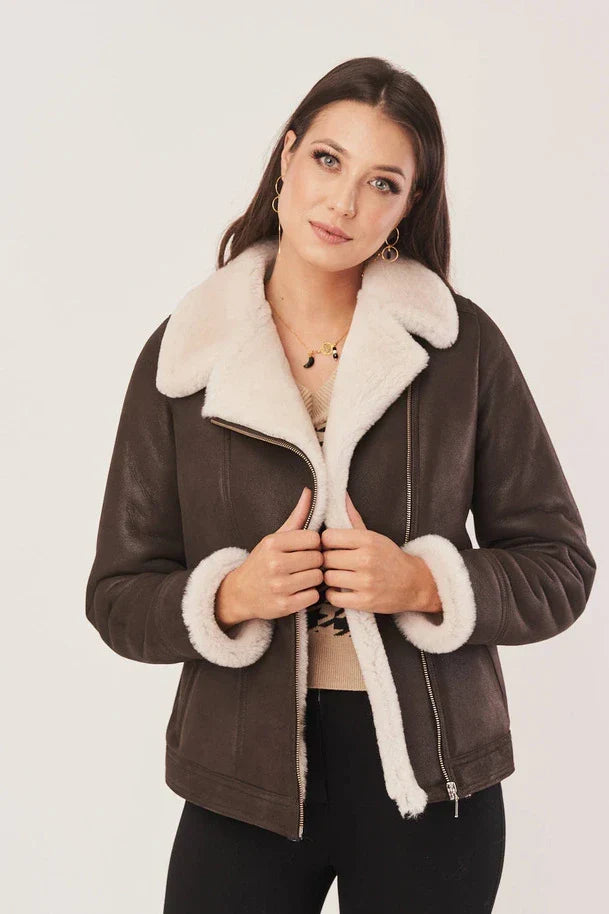 Sowachi Women's Sheepskin Brown Leather Shearling Jacket