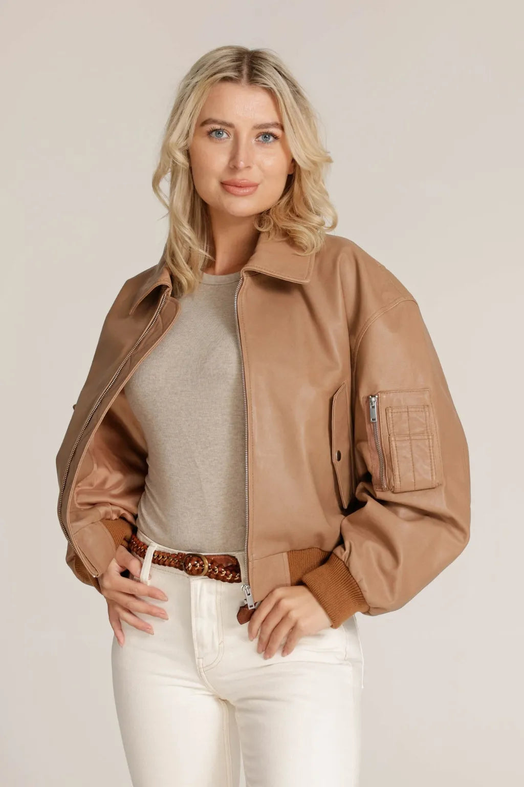 Sowachi Women's Camel Brown Sheepskin Leather Bomber Jacket