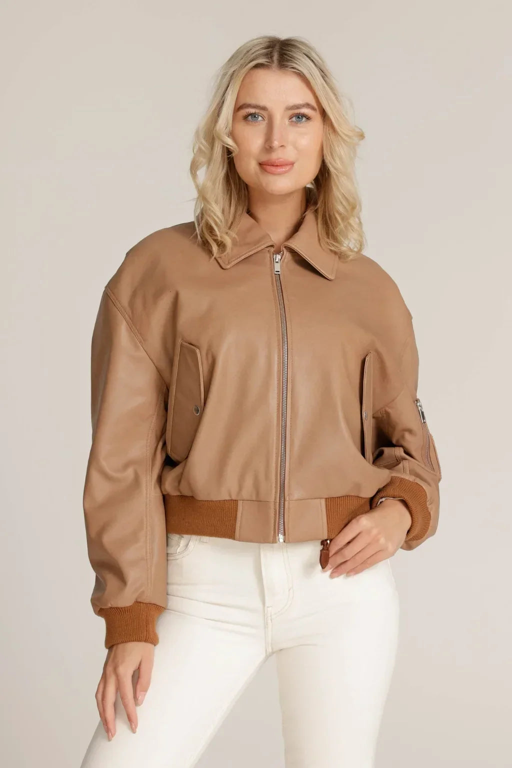 Sowachi Women's Camel Brown Sheepskin Leather Bomber Jacket
