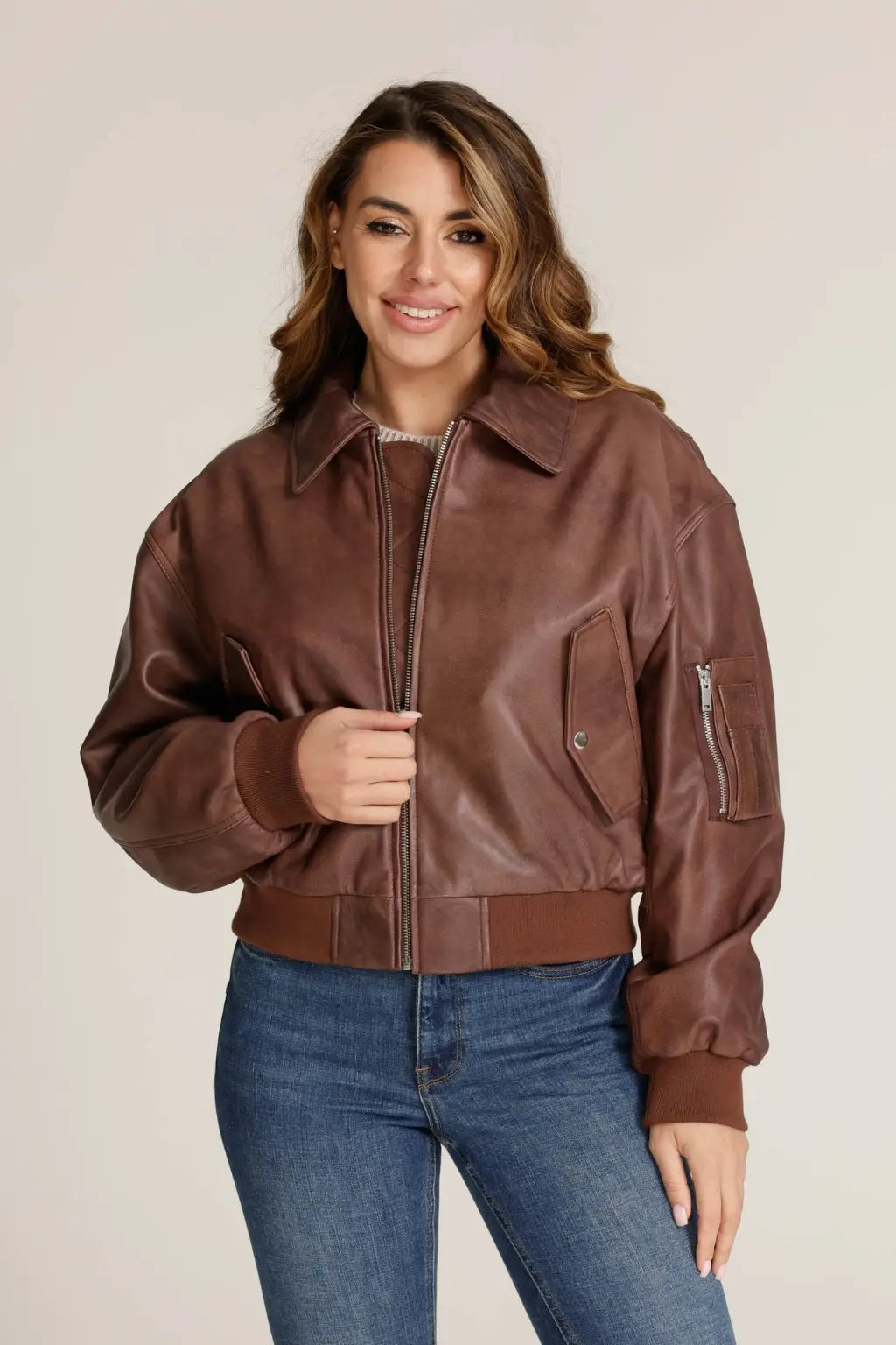 Sowachi Women's Dark Brown Sheepskin Leather Bomber Jacket