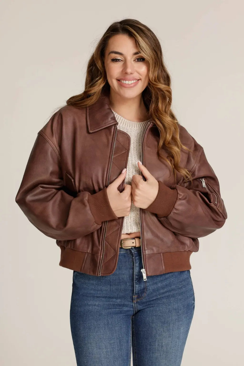 Sowachi Women's Dark Brown Sheepskin Leather Bomber Jacket