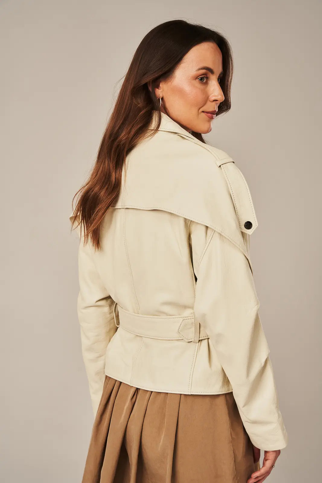 Sowachi Women's Beige Leather Biker Jacket