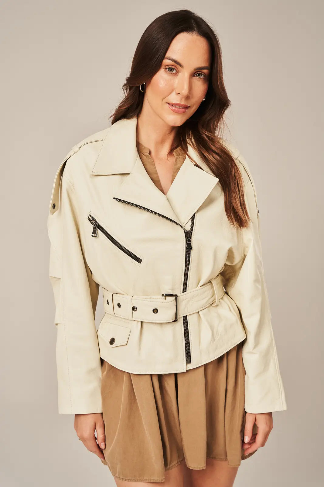 Sowachi Women's Beige Leather Biker Jacket