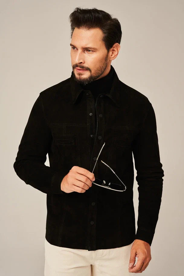 Sowachi Men's Black Suede Leather Shirt Jacket