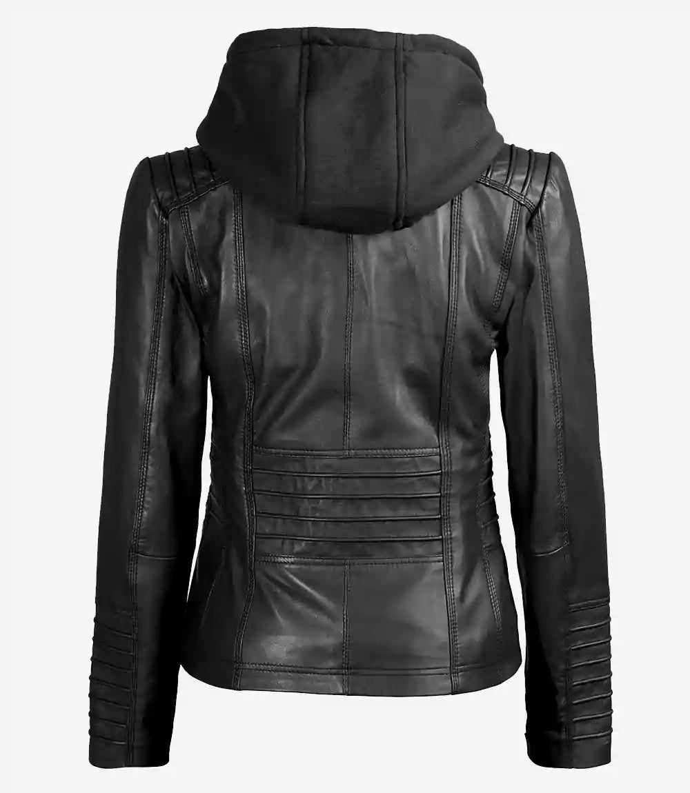 Sowachi Women's Black Sheepskin Leather Jacket with Removable Hood
