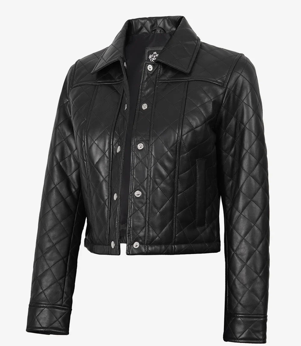 Sowachi Women's Black Cropped Quilted Real Lambskin Leather Jacket